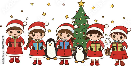Cute kids in Santa outfits holding gifts with penguins and Christmas tree, festive holiday cartoon vector illustration collection