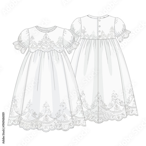 Technical Fashion Sketch of a Baby Christening Gown with Embroidery