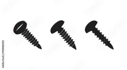 Three black screws with different head types and thread lengths  isolated on white background