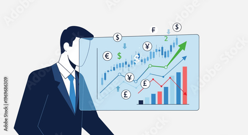 Businessman with financial data chart rising stock market trends and analysis