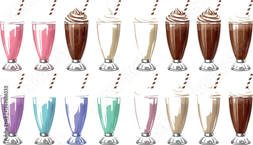 Milkshake and Smoothie Collection with Colorful Glasses, Whipped Cream, and Straws for Dessert and Beverage Designs