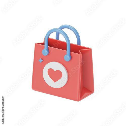 Red 3 d shopping bag with white heart and blue handles on black background