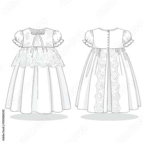 Technical Fashion Sketch of a Baby Girl Christening Gown with Lace Details