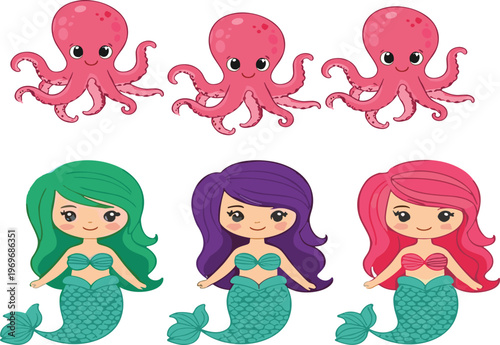 Cute octopus and mermaid characters set with colorful sea creatures, cartoon ocean fantasy vector illustration collection for kids design