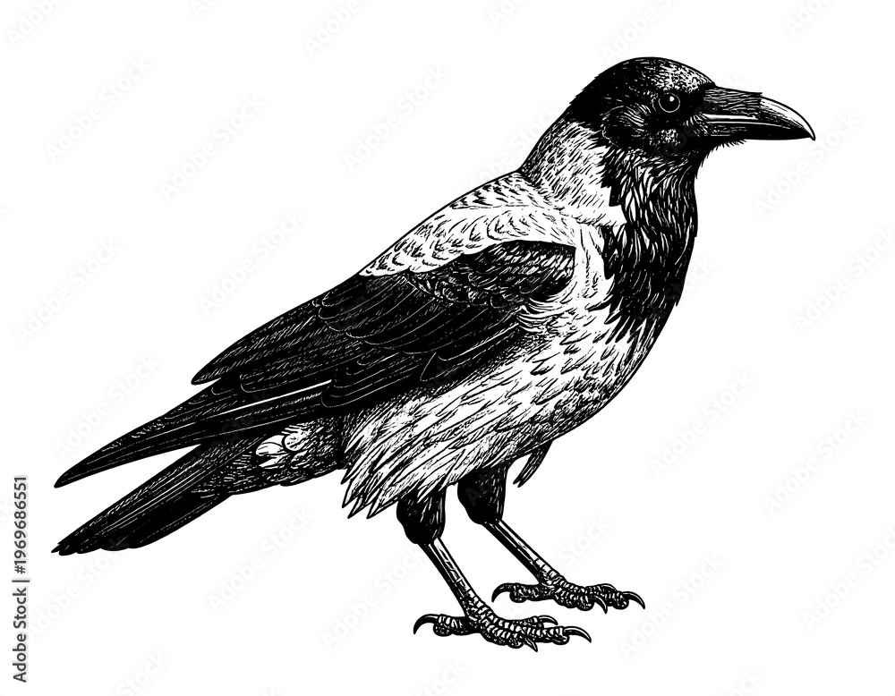 Obraz premium A black and white illustration of a raven standing