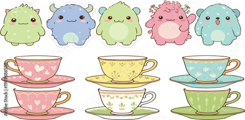 Cute pastel monsters and vintage teacups collection, kawaii characters with floral cups cartoon vector illustration set for kids design