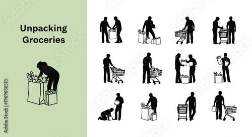 Diverse vector graphic illustrations showcasing individuals and couples shopping for groceries, pushing carts, carrying bags, and unpacking items.