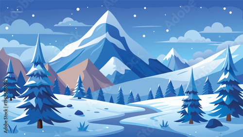 Snowy mountains and trees create a winter scene with a winding path and blue sky during a snowy day in a digital art style
