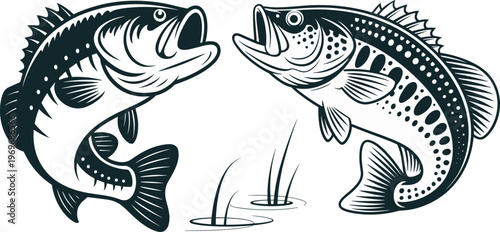 Retro fishing illustration vector with bass fish and fisherman design.