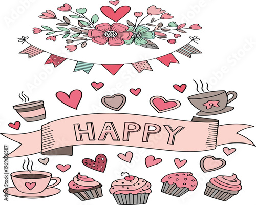 Cute romantic elements set with hearts flowers cupcakes coffee and bunting, love themed cartoon vector illustration collection