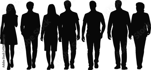 Seven Black Silhouette Figures of People Walking on White Background group