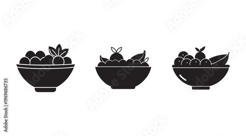 Three black silhouette bowls filled with olives and leaves on white background  food graphic icons