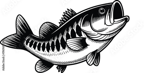 Retro fishing illustration vector with bass fish and fisherman design.