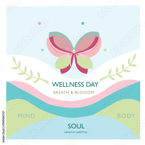 Minimal Wellness Poster with Butterfly, Nature Shapes and Healthy Lifestyle Theme