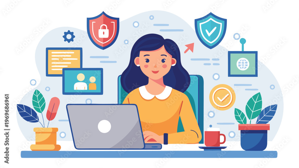 Fototapeta premium Woman working on a laptop in a modern office with security elements and plants during daytime hours