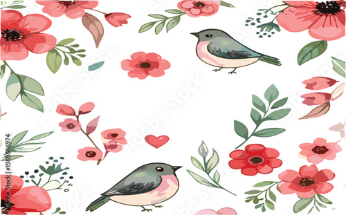 Floral pattern with birds and blooming flowers, romantic botanical seamless background with nature elements vector illustration design