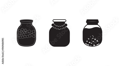 Three black silhouette jars with different contents on white background  pickling  canning  preserving  food storage