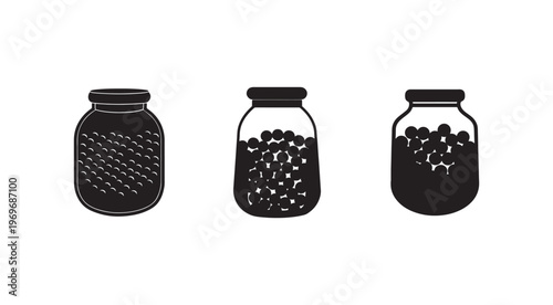 Three black silhouette jars with lids containing various contents  one empty jar with dimples  one jar filled with small round objects and white fragments  one jar filled with small round objects