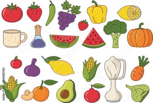 Fresh fruits and vegetables collection with kitchen ingredients and healthy food items, colorful cartoon vector illustration set