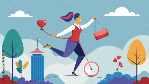 Woman riding a unicycle while holding a heart balloon and a bag in a colorful park setting near a tall building