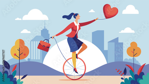 Woman rides unicycle while holding heart balloon in city scene during daytime with buildings and trees nearby