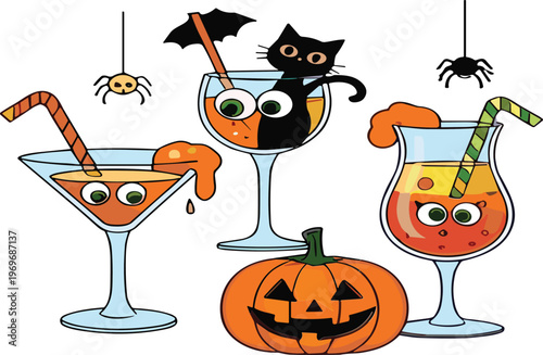 Halloween cocktail drinks with pumpkin cat and spiders, cute spooky party beverages cartoon vector illustration set
