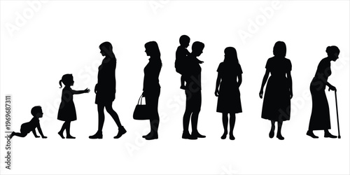 Silhouette of Human Life Stages from Baby to Elderly Person on White Background vector illustration