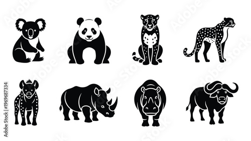 A collection of eight african and australian animal silhouettes including a koala panda rhino and buffalo silhouette high quality professional detailed