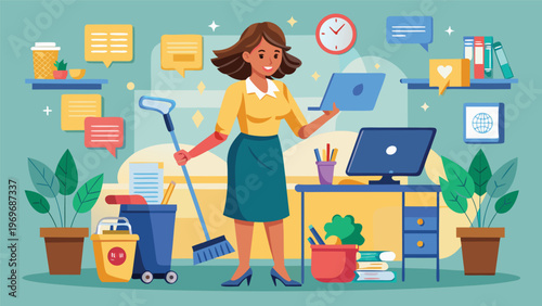 Woman cleaning office space while holding laptop and smiling in a colorful workspace during daytime
