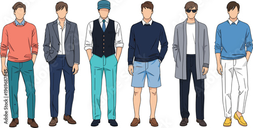 Stylish men fashion collection with different outfits casual and formal looks isolated on white background vector illustration character set