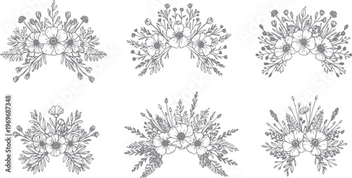 Set of hand drawn floral arches and botanical wreaths in sketch style for design elements and decorations with line art with black and white