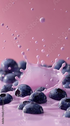 Deep blue blueberries drop into a pale pink liquid, creating dynamic splashes. Small liquid beads rise and fall against a soft pink backdrop, highlighting freshness and movement.