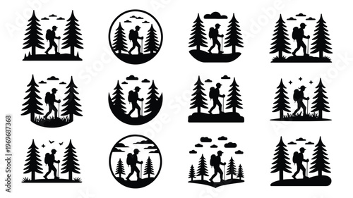 Silhouette collection of adventurers hiking and exploring forest trails with trees and mountain backgrounds in minimalist style