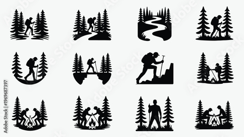 Silhouettes of hikers exploring nature in a clean grid layout with trees mountains and outdoor activities