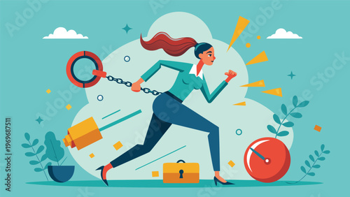 Woman runs with a chain and magnet, representing urgency and determination in a busy work environment