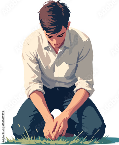 Illustrazione vettoriale di una persona inginocchiata con un ginocchio a terra e sguardo basso. Concetto di riflessione, preghiera, umiltà, rispetto o momento emotivo intenso.