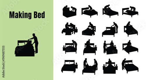 Collection of vector graphic silhouettes illustrating various individuals and couples making a bed, showcasing different stages of the chore.