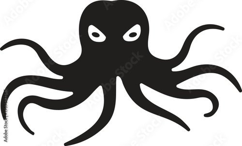 Black octopus with white eyes isolated on white background