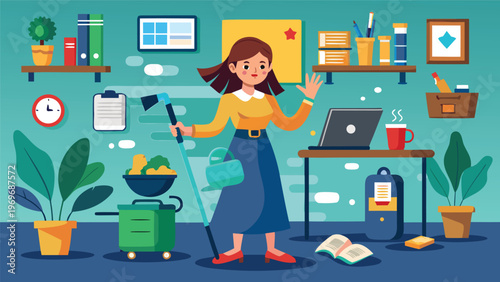 Woman cleaning in a workspace with plants, books, and a laptop in a bright room