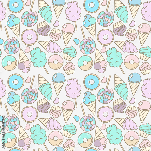Pastel kawaii sweets seamless pattern with hand drawn donuts ice cream and cotton candy for kids birthday party