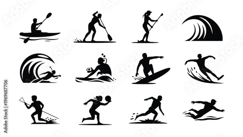 Silhouettes of athletes in action featuring kayaking paddleboarding surfing and swimming in a dynamic minimalist design