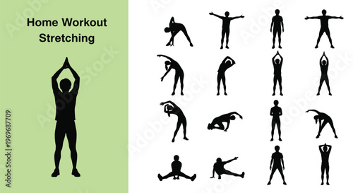 This comprehensive vector graphic illustration showcases diverse human silhouettes demonstrating various stretching exercises suitable for a home workout and promoting overall fitness.