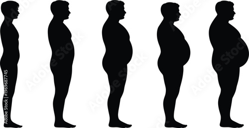 Silhouette progression of male body types from thin to obese on white background weight