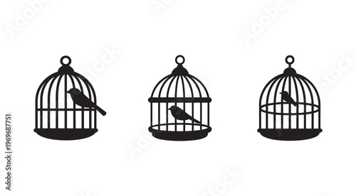 Three black silhouettes of bird cages with birds on white background  cages have different bird positions