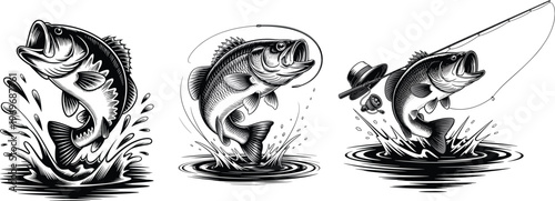 Retro fishing illustration vector with bass fish and fisherman design.