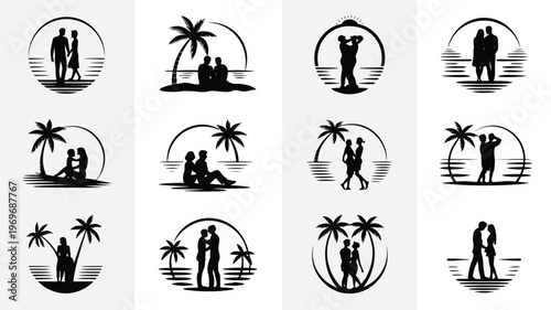 Silhouettes of romantic couples embracing on a beach with palm trees sunsets and tropical vacation vibes in minimalist circular designs