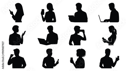 Silhouettes of 12 diverse individuals in dynamic poses using laptops phones and tablets bold graphic design style