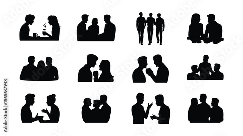 Black silhouettes of individuals in various poses of interaction and isolation on a clean white background