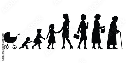 Silhouettes Illustrating Human Life Stages from Baby to Elderly Woman growth development