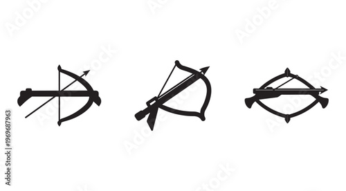 Three black silhouettes of crossbows with arrows in different positions side by side on white background  bow and arrow  crossbow  weapon  hunting  sport